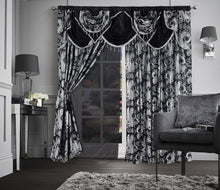 Load image into Gallery viewer, Jacquard Paisley Black Window Curtain Set – 55x84 Panels with Easy Rod Pocket