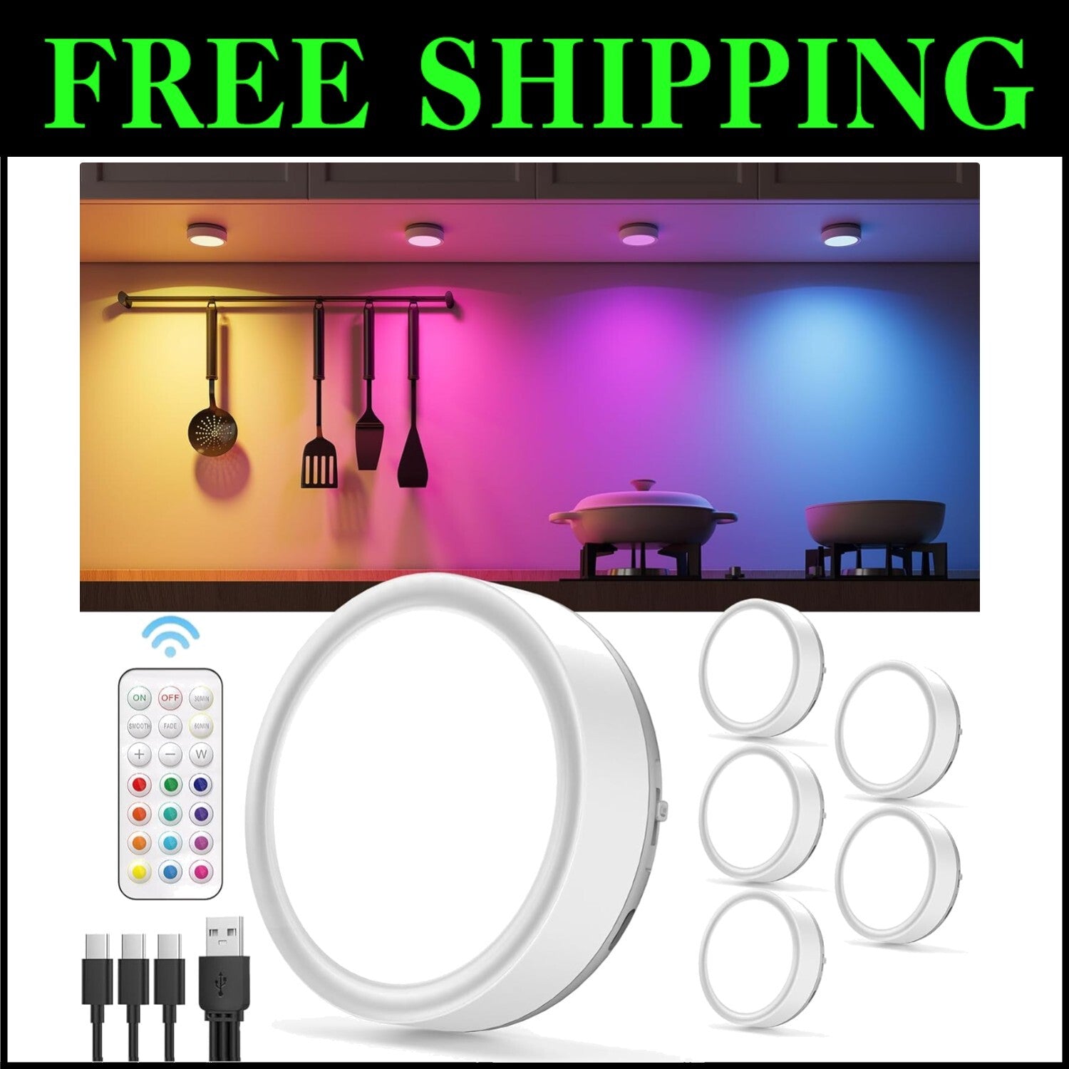 Magnetic RGB Puck Lights with Remote - Easy Touch for Dimmable Illumination