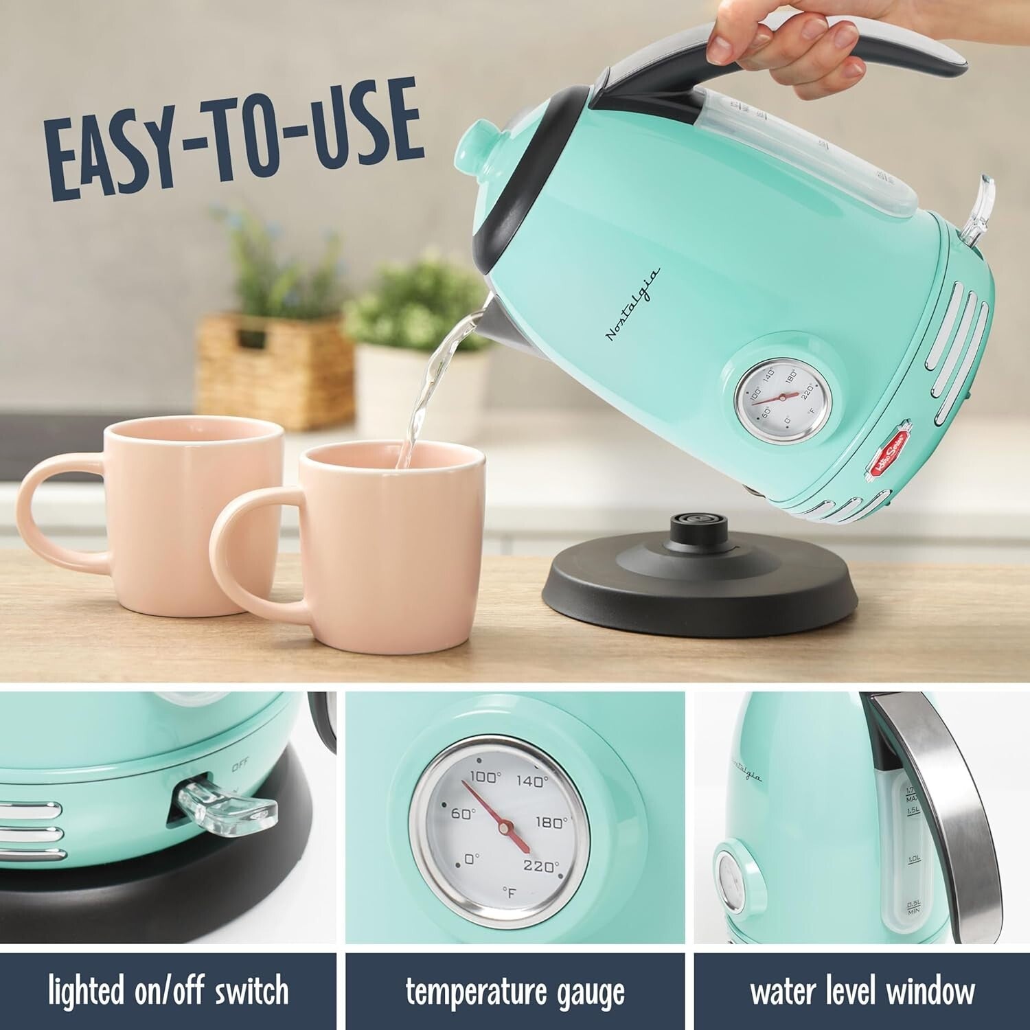 Elegant 1.7L Retro Tea Kettle with 360-Degree Base & Water Level Indicator