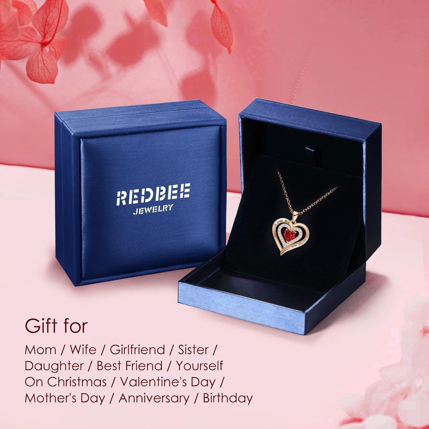 18k Rose Gold Birthstone Heart Necklace with Cubic Zirconia - Women’s Jewelry