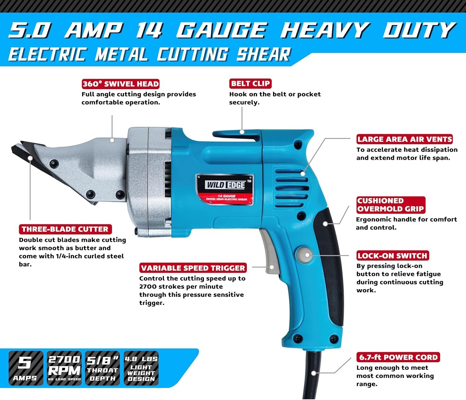 Professional 14 Gauge Metal Cutter - Ergonomic Design, 2700 SPM Variable Speed