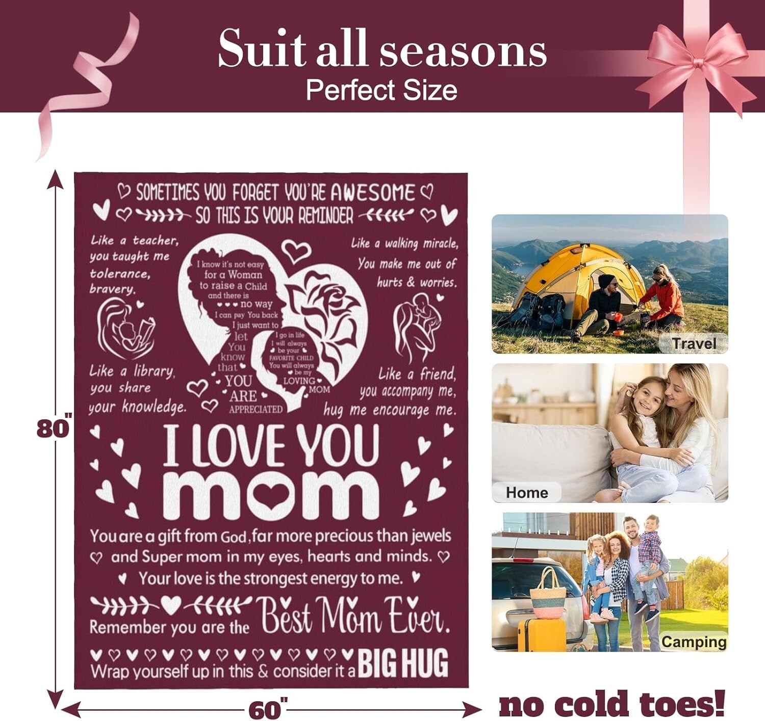 Premium I Love You Mom Blanket - Cozy, Machine Washable, Perfect for All Seasons