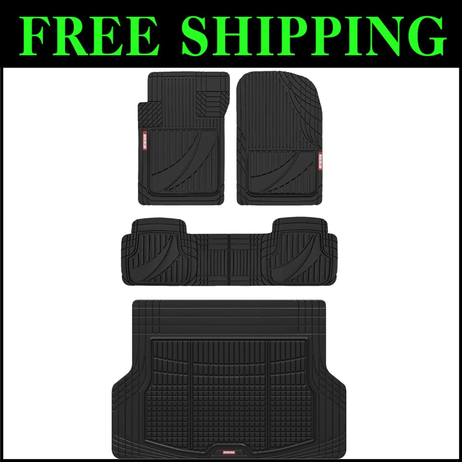 FlexTough Heavy Duty Black Rubber Car Floor Mats & Cargo Liner - All Weather Set