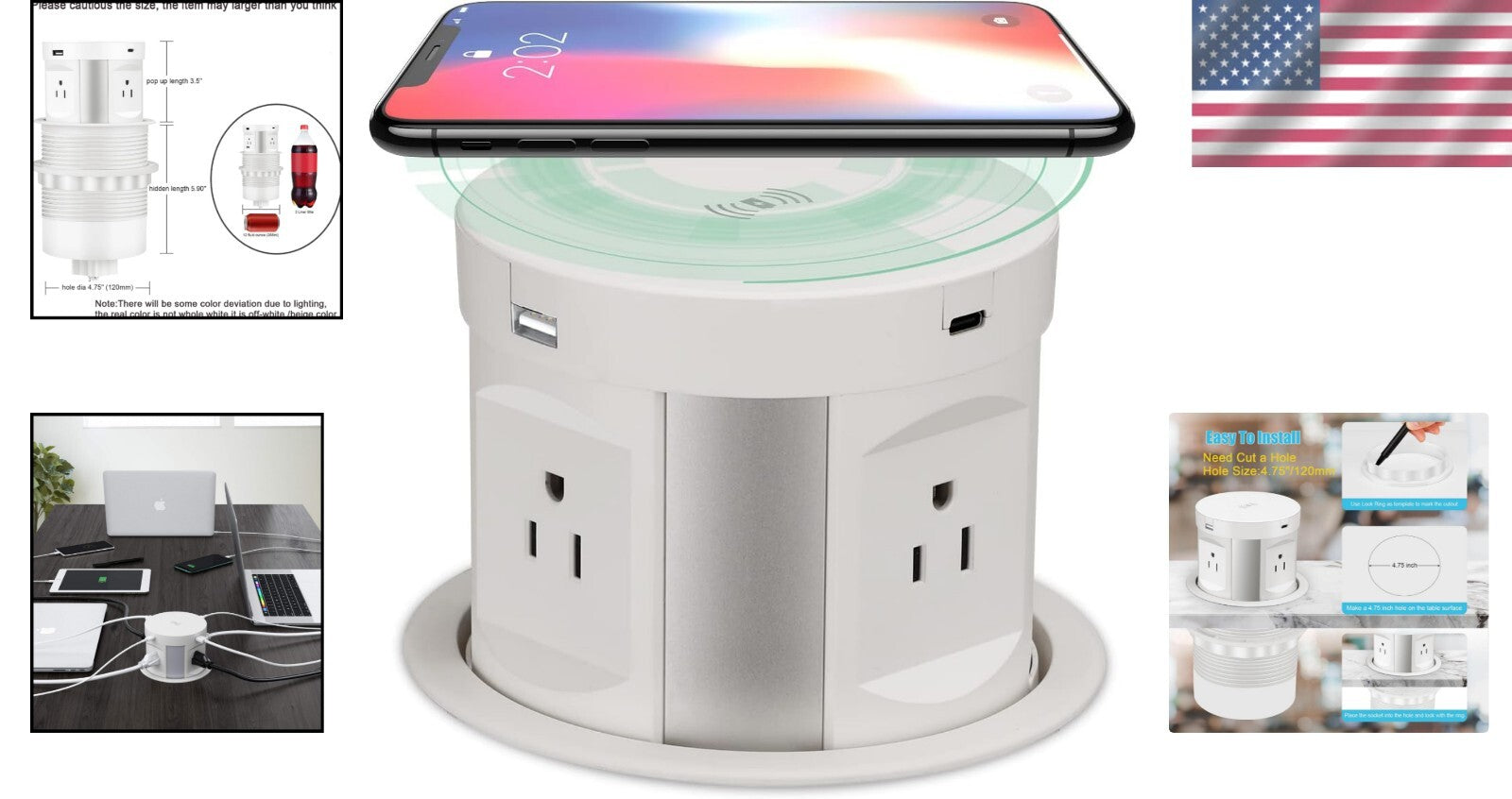 Automatic Pop-Up Outlet with 4 AC & USB Ports - Wireless Charging Convenience