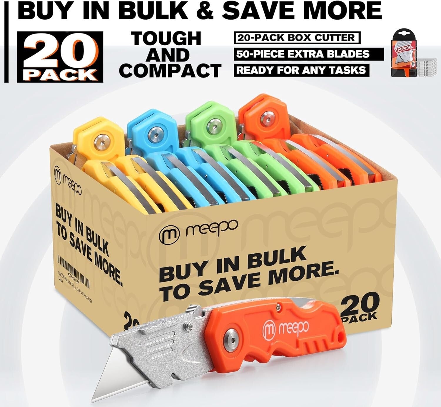 20-Pack Heavy-Duty Box Cutter with 50 Extra Razor Sharp Blades for Professionals