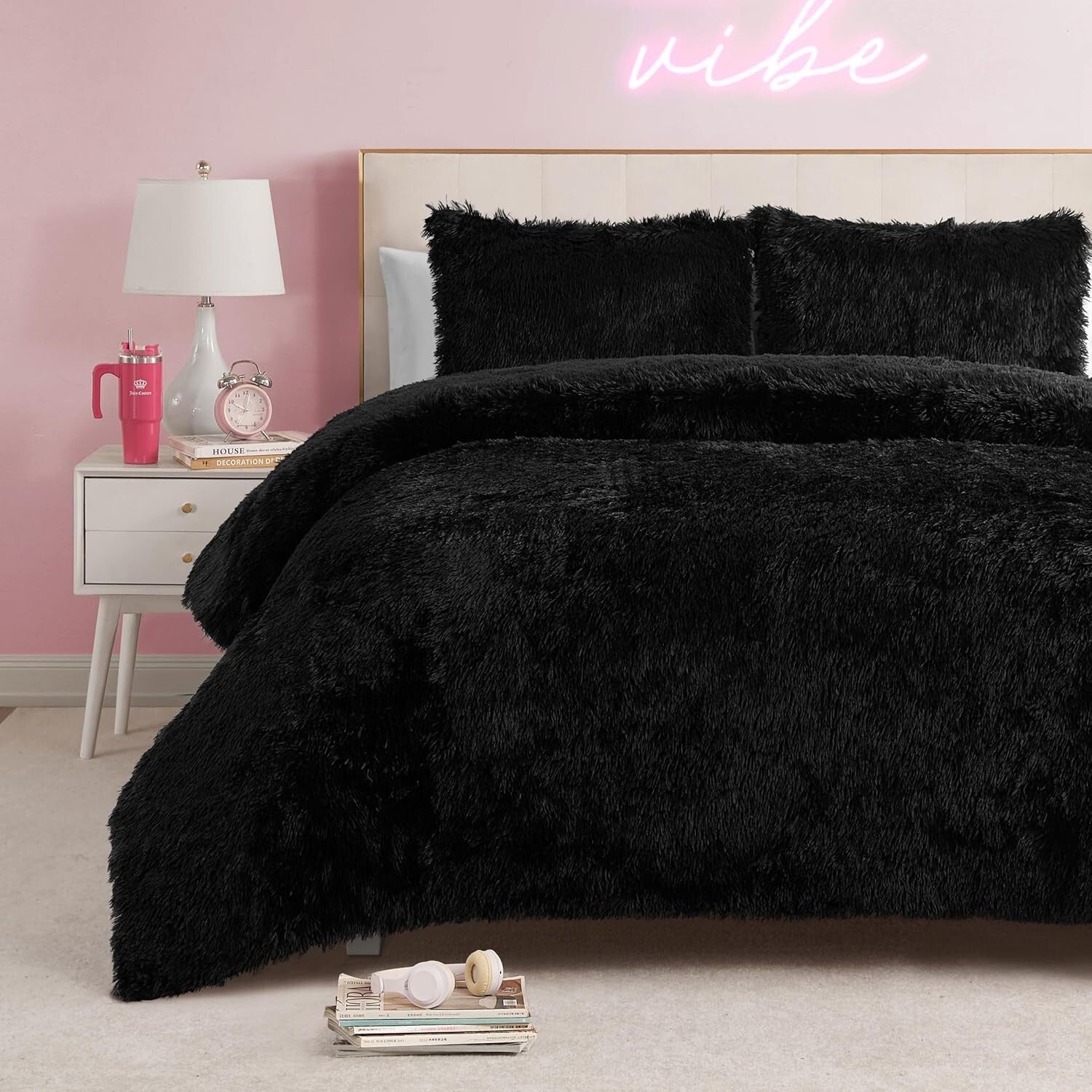 Luxurious Shaggy Faux Fur Black King Comforter Set - 3-Piece Glam Bedding