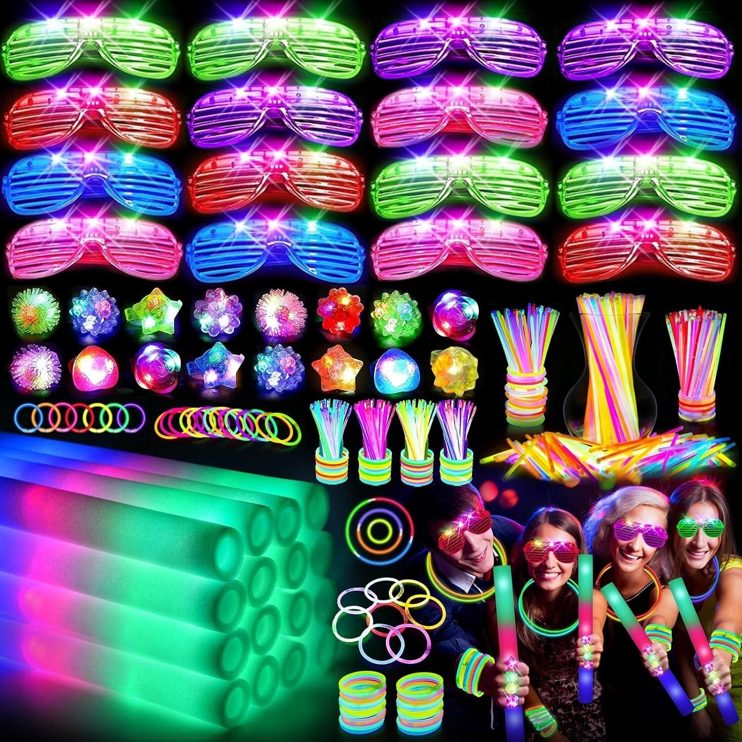150 PCS Glow in the Dark Party Pack: Foam Sticks, LED Glasses & Finger Lights