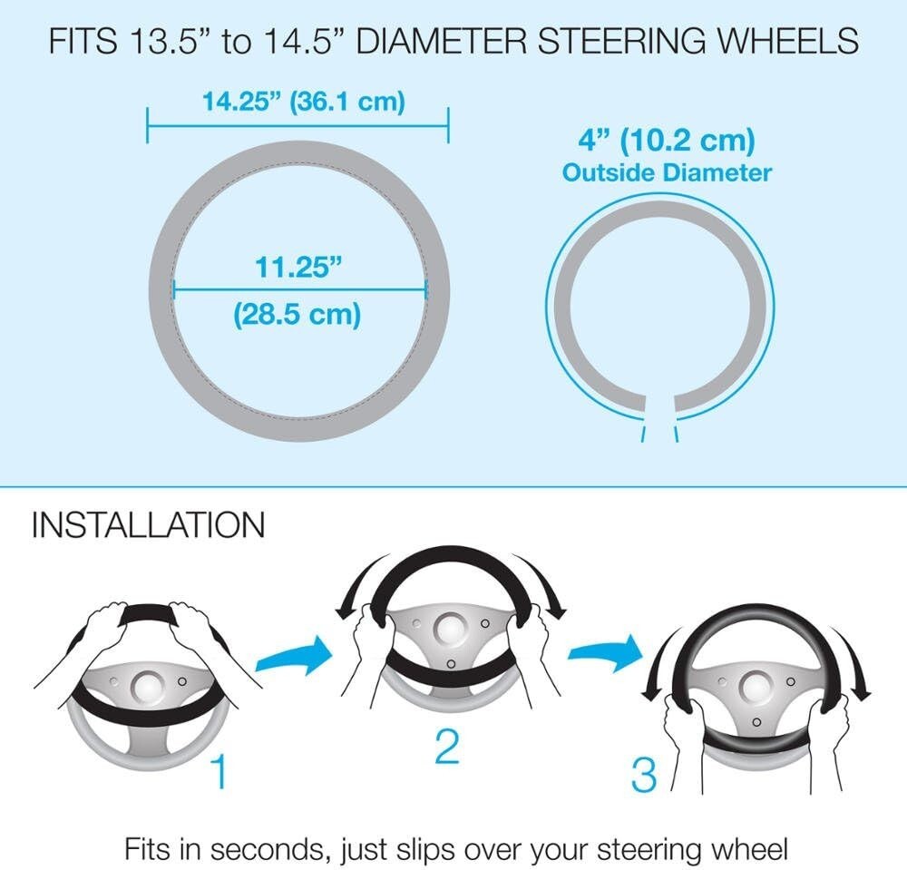 Durable 14-Inch Black Leather Steering Wheel Cover with Stylish Gray Stitching