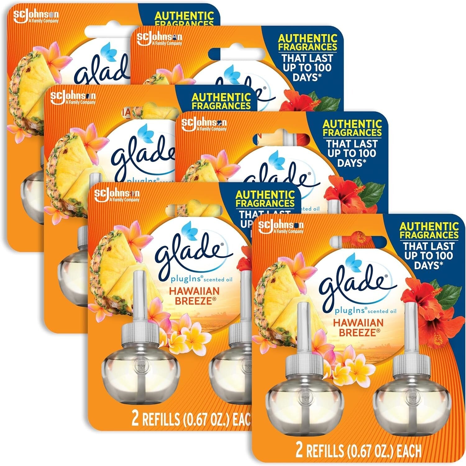 Adjustable Hawaiian Breeze PlugIns Air Freshener - 6 Refill Bottles, 50 Days