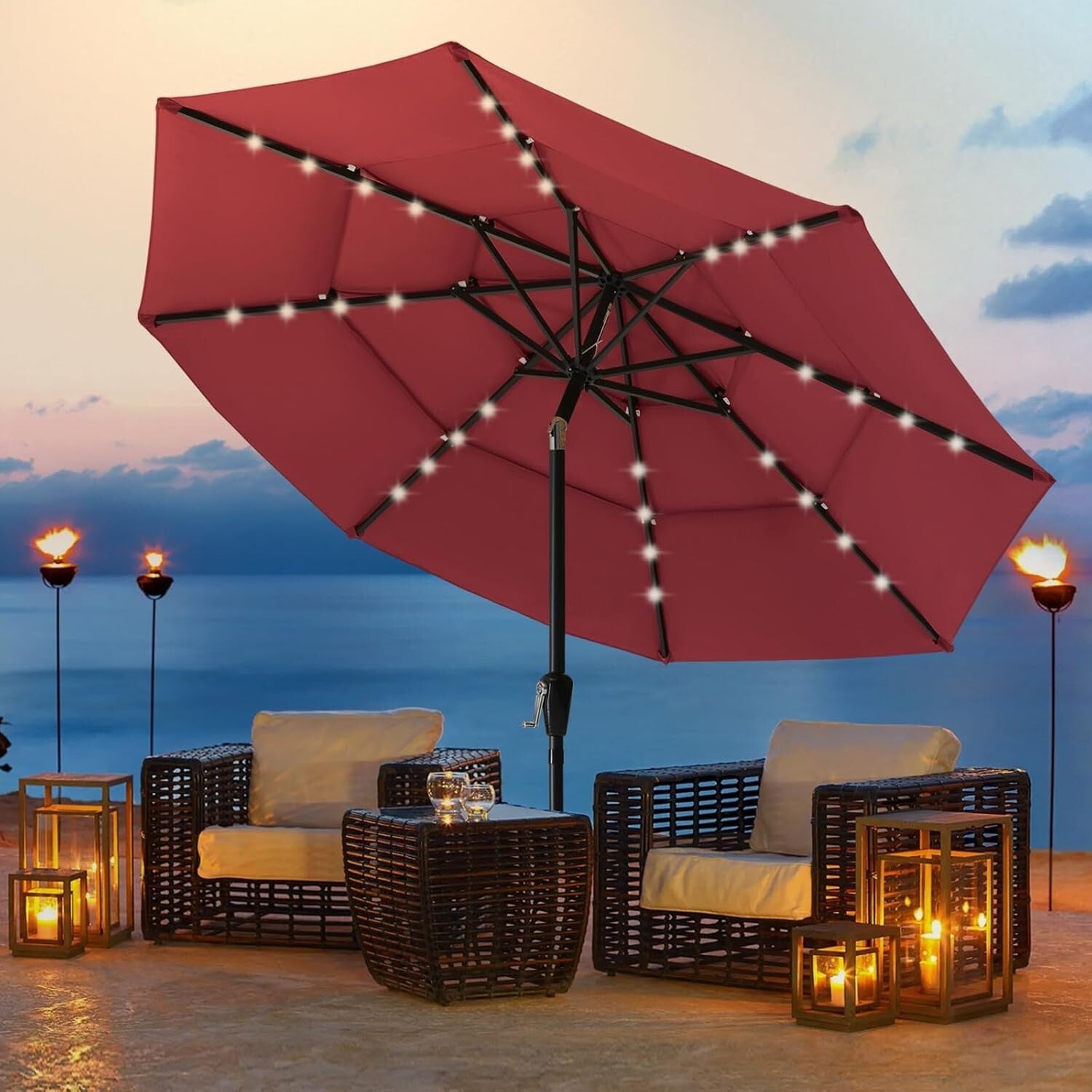 Stylish 3-Tier 11FT Burgandy Solar Light Patio Umbrella for Outdoor Shading