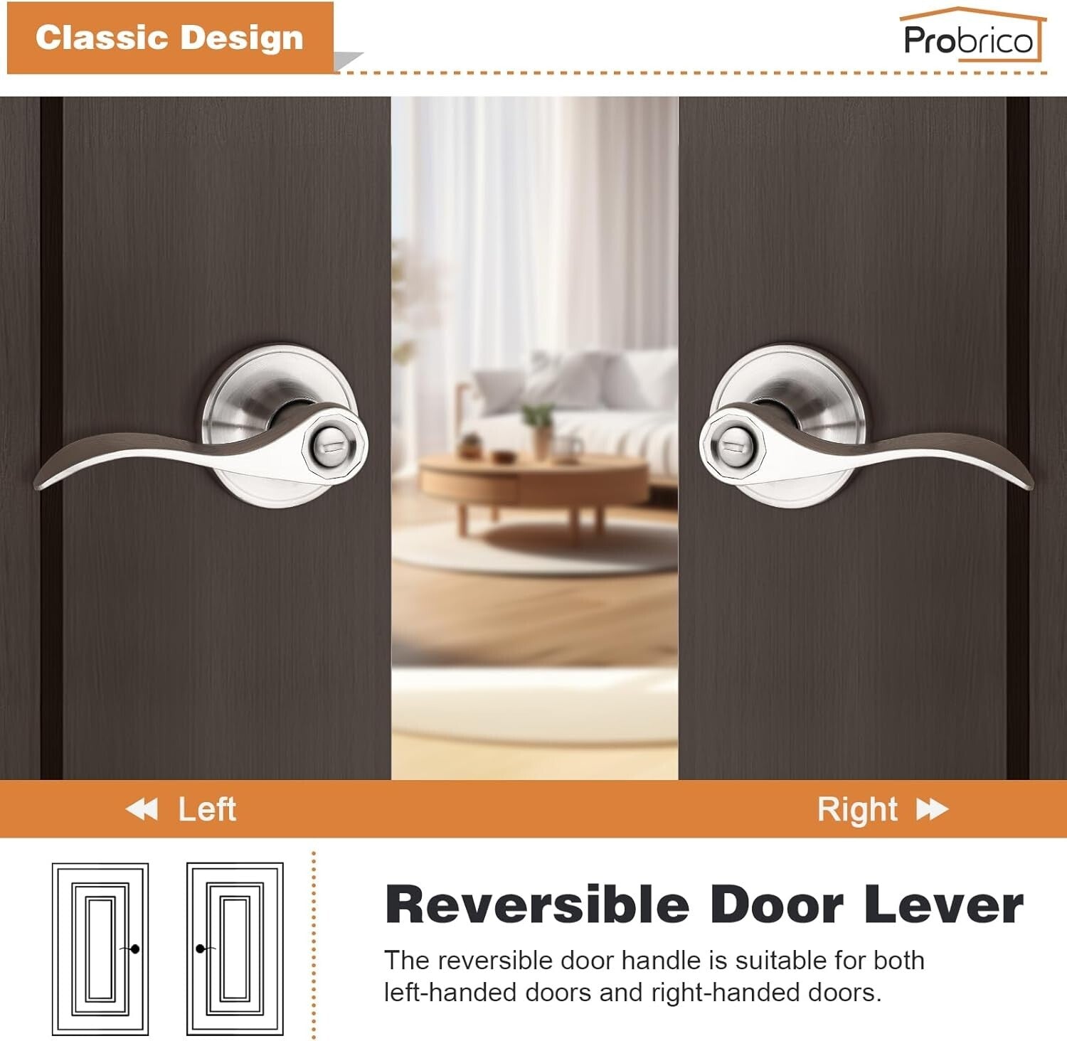 Durable Satin Nickel Wave Privacy Handle Set - 6 Keyless Levers for Easy Install
