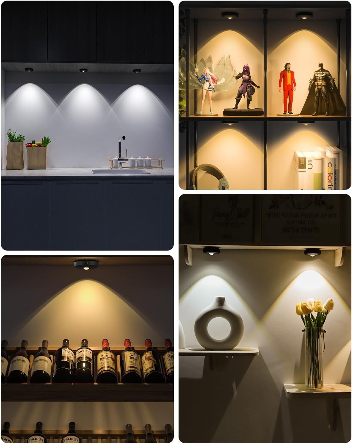 6 Pack of Dimmable Rechargeable Under Cabinet Lights with Remote Control & Timer