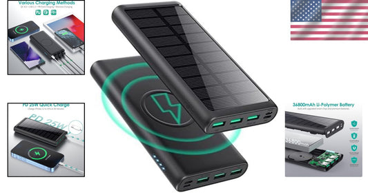 5-in-1 Wireless Portable Charger 36800mAh – Solar & Fast Charging Power Bank
