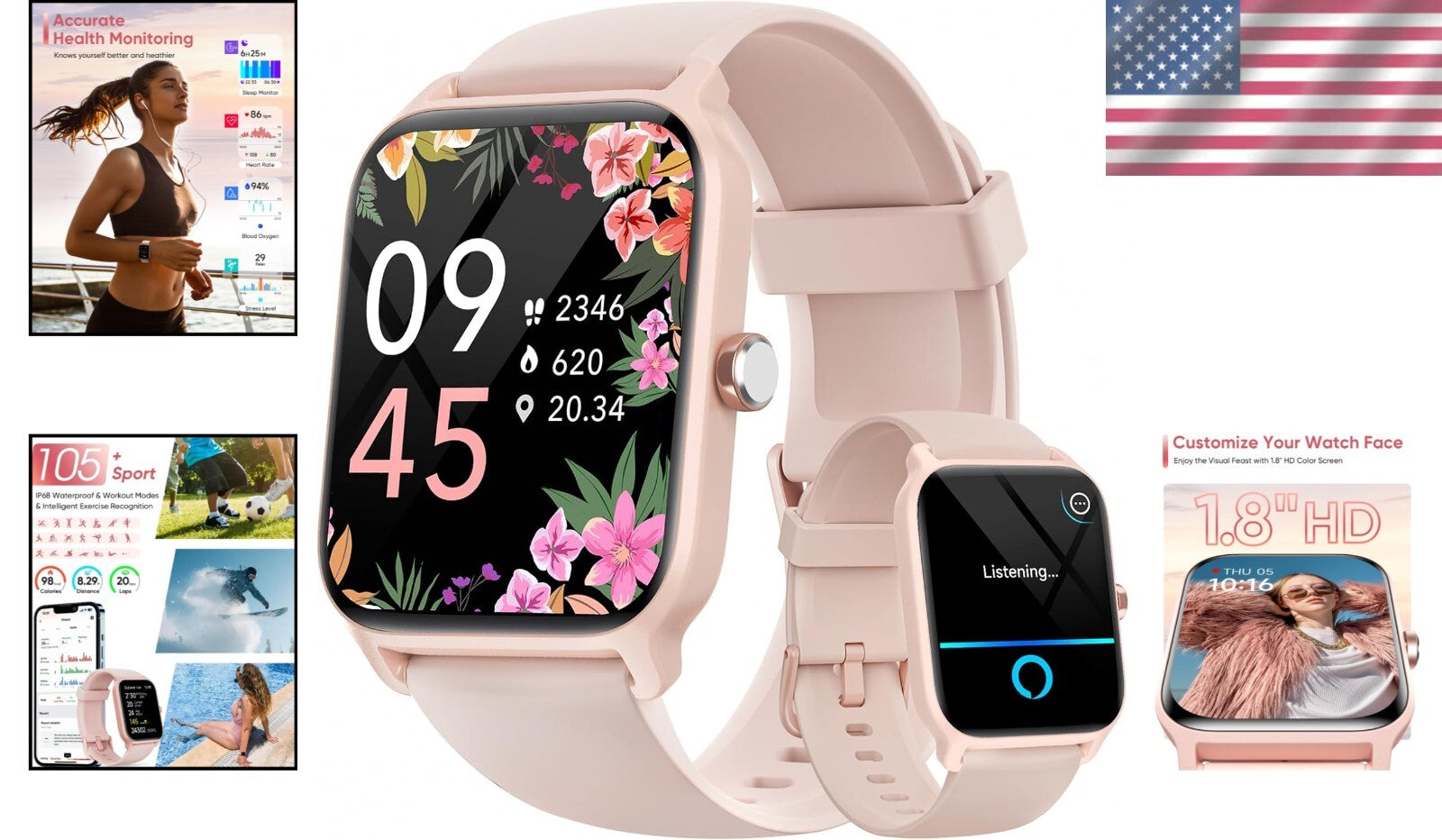 Elegant 1.8" HD Smart Watch for Women - Bluetooth Calling, Activity Tracker