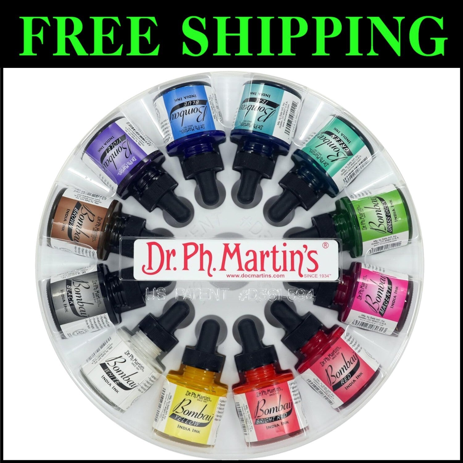 Vibrant Bombay India Ink Set - 12 x 1.0 oz Bottles with Droppers & Palette