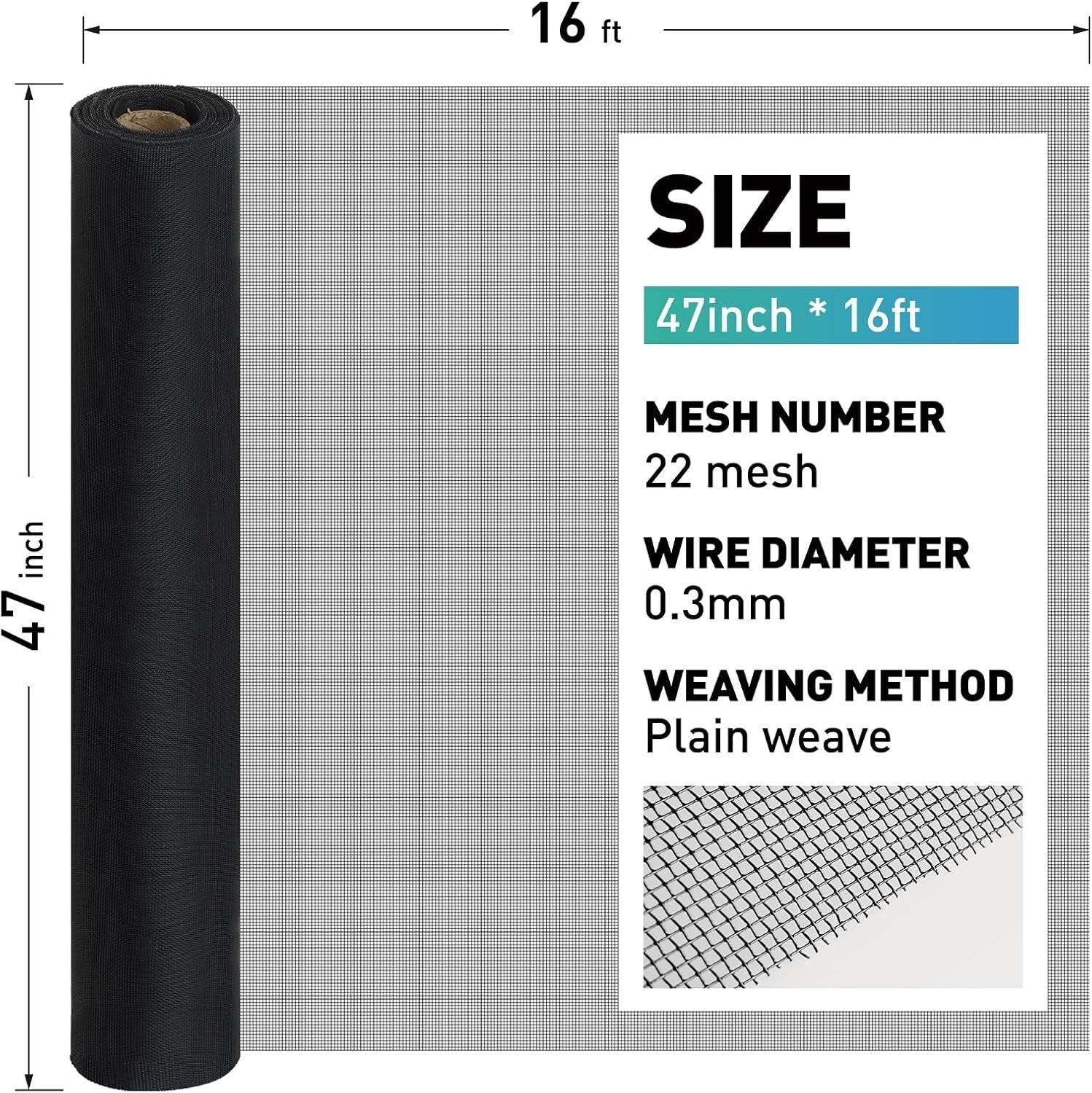 High Visibility Black Metal Screen Roll, 47” x 16FT – Ideal for Windows & Doors