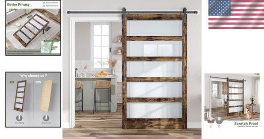 Chic Brown Wood Barn Door with Frosted Glass & 8ft Hardware - DIY Friendly