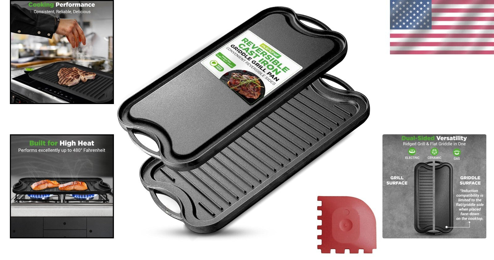 Versatile Reversible Cast Iron Griddle - Nonstick, Oven Safe, 19.96" x 10.11"