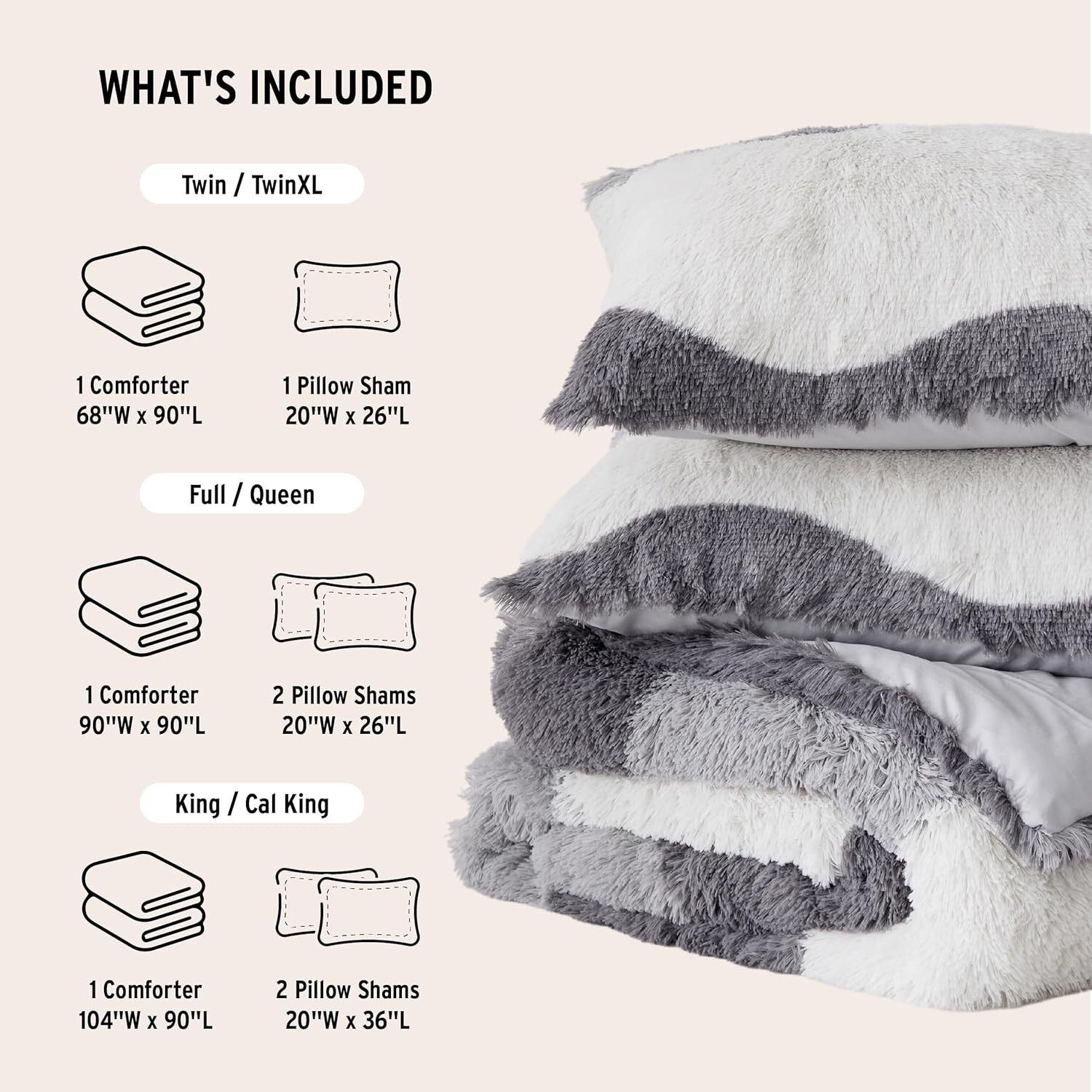 Oeko-Tex Certified Shaggy Faux Fur Comforter Set in Stylish Grey Ombre, 3-Piece