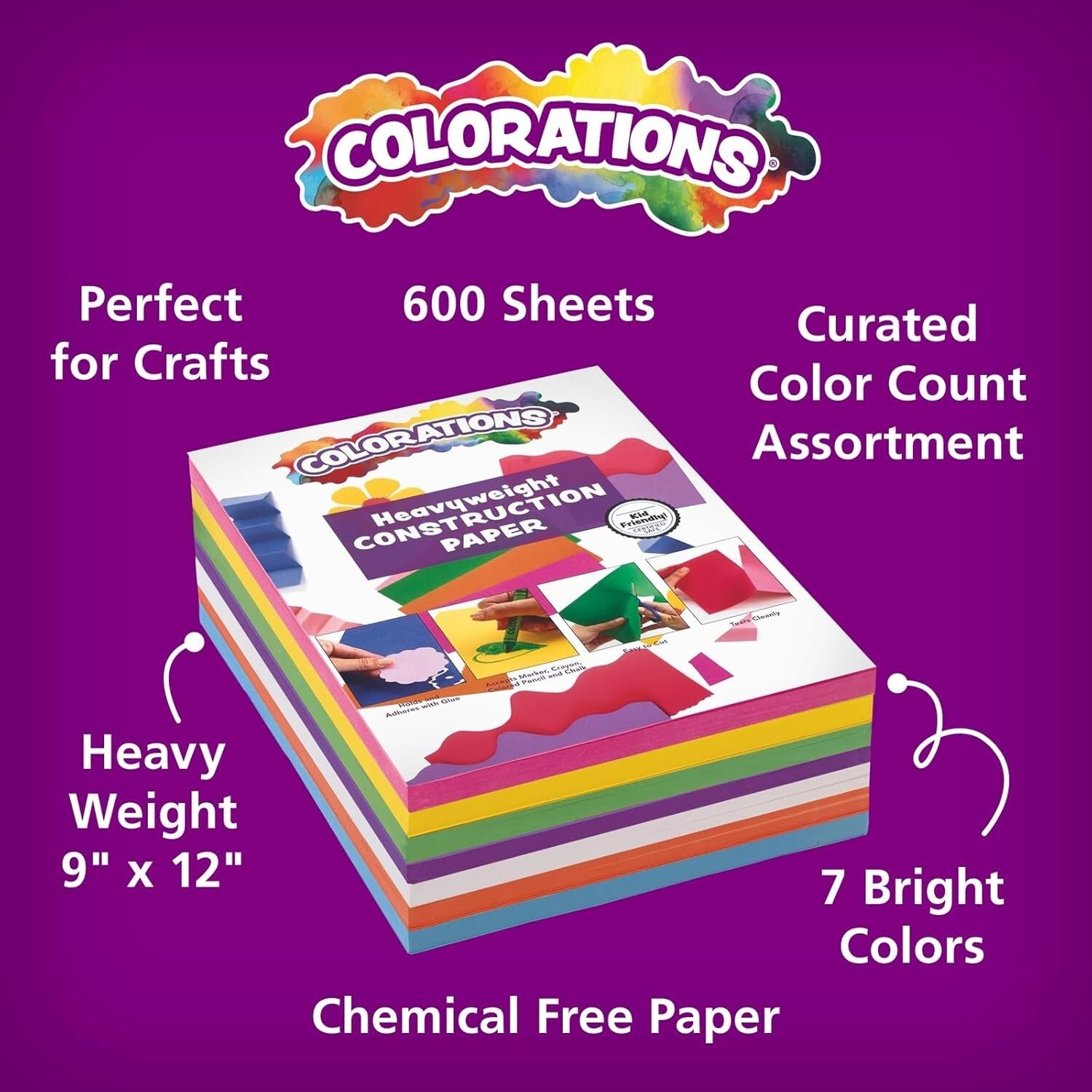 Bulk 600 Sheets of Heavy-Duty 9x12" Kid's Construction Paper - 7 Bright Colors