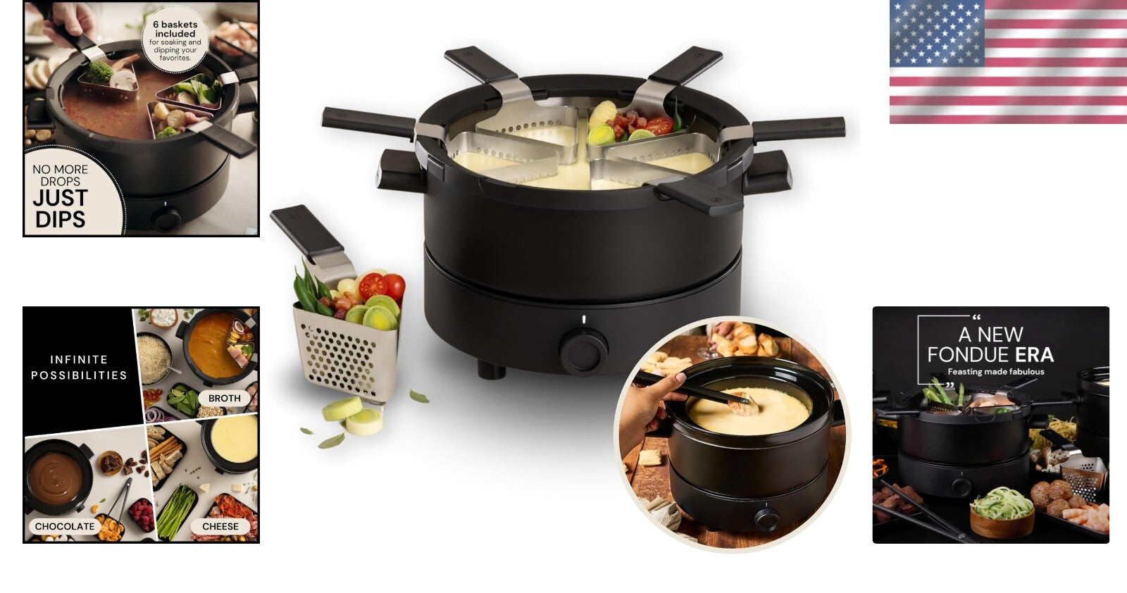 Ceramic Electric Fondue Set for Chocolate, Cheese & Broth - 6 Baskets Included