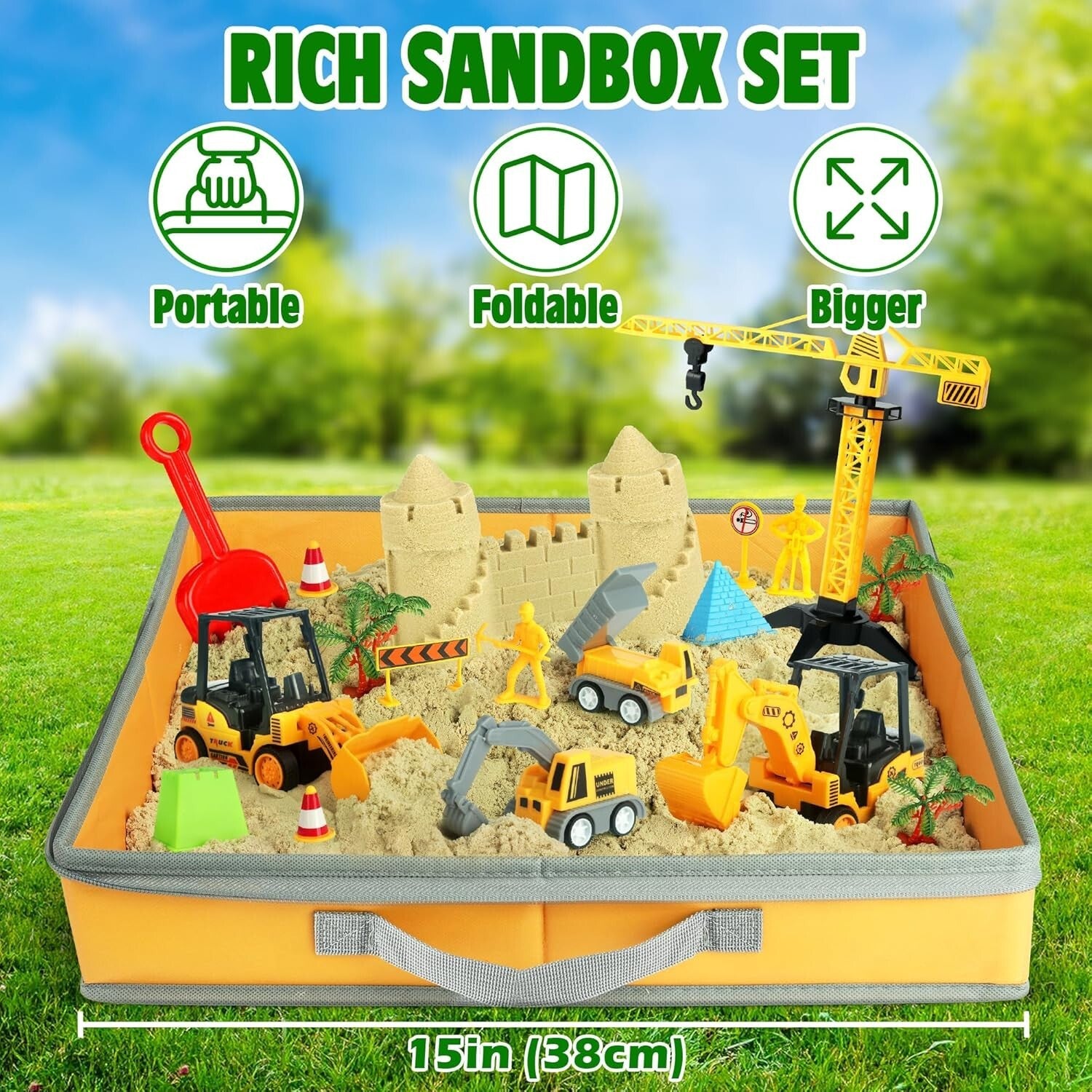Large 36Pc Construction Sand Play Set with Trucks, Workers & Molding Accessories