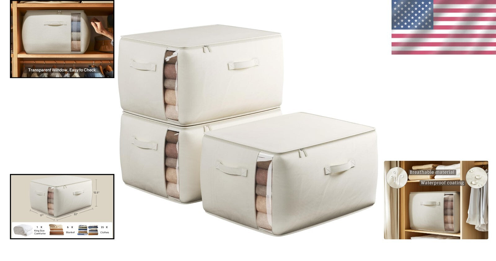 Spacious 70L Foldable Cotton Linen Storage Bags with Zipper & Side Window, Beige