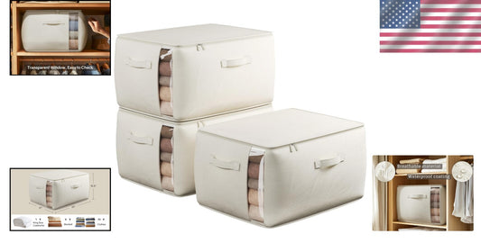 Spacious 70L Foldable Cotton Linen Storage Bags with Zipper & Side Window, Beige