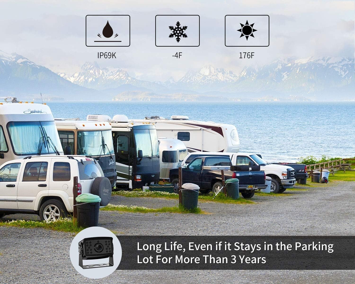 Professional 1080P Wired Backup System, 170° Wide Angle, IP69 Weatherproof