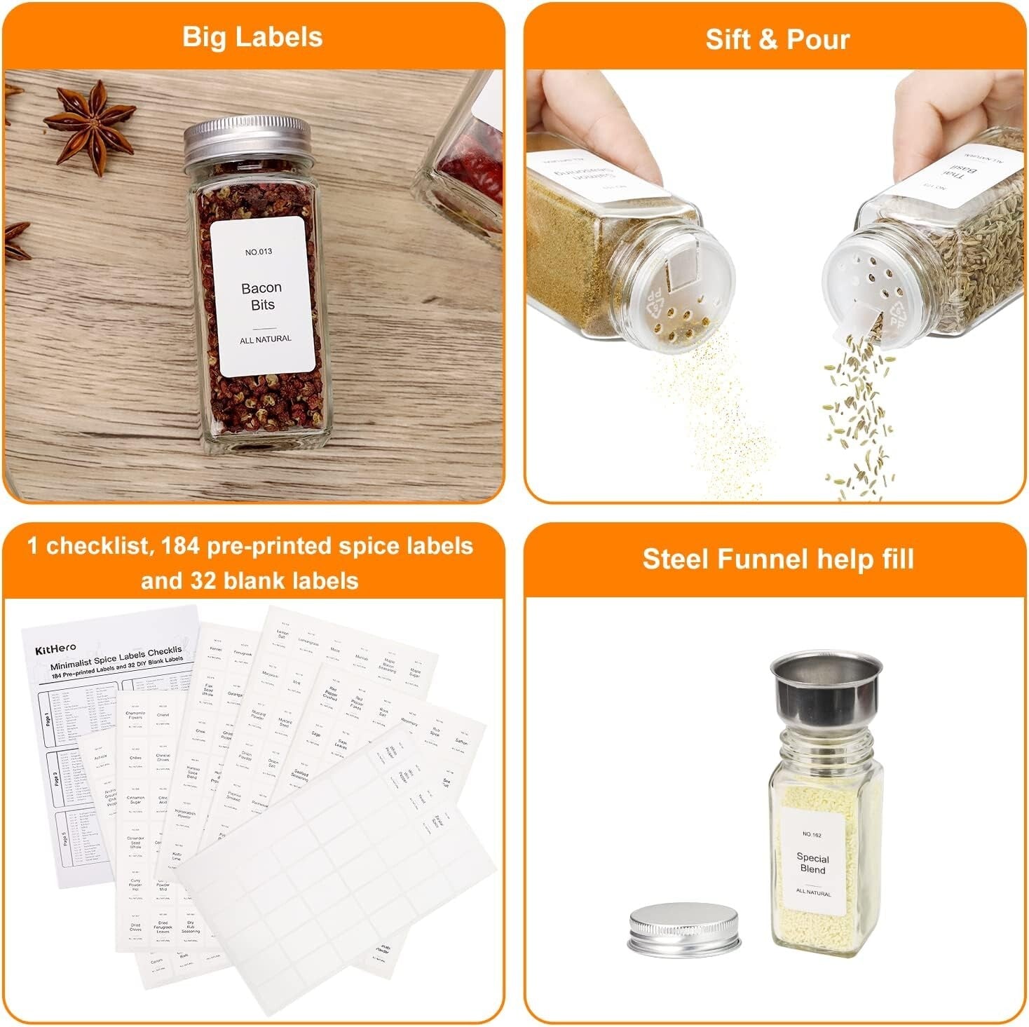 Polished Magnetic Spice Rack Set with 24 Glass Jars and Funnel - Modern Storage