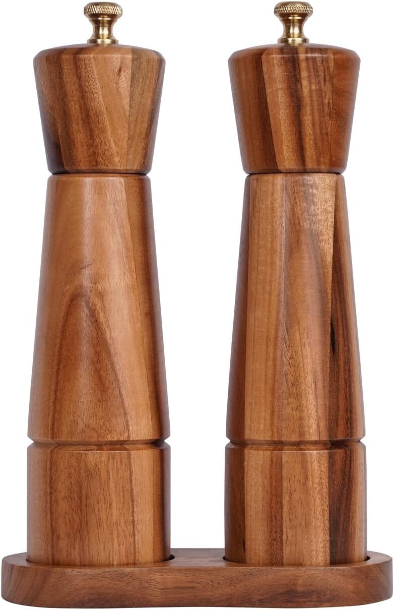 Elegant Salt & Pepper Mill Set with Tray - Adjustable Acacia Wood Grinders