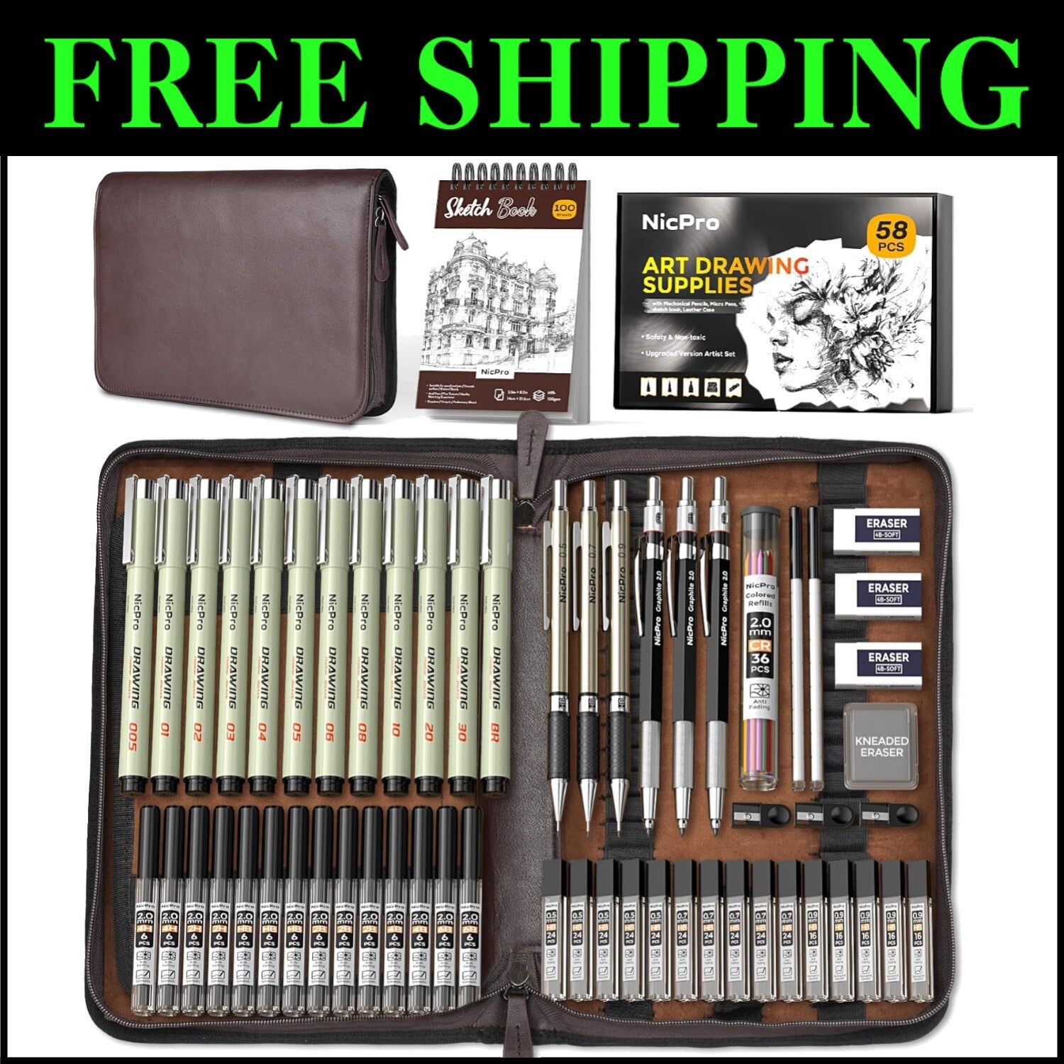 All-in-One 58PCS Drawing Supplies with Leather Case - Mechanical Pencils & More