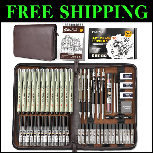 All-in-One 58PCS Drawing Supplies with Leather Case - Mechanical Pencils & More