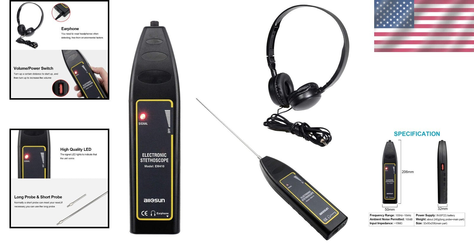 Ultrasonic Automotive Noise Finder Stethoscope with LED Signal Indicator - Black