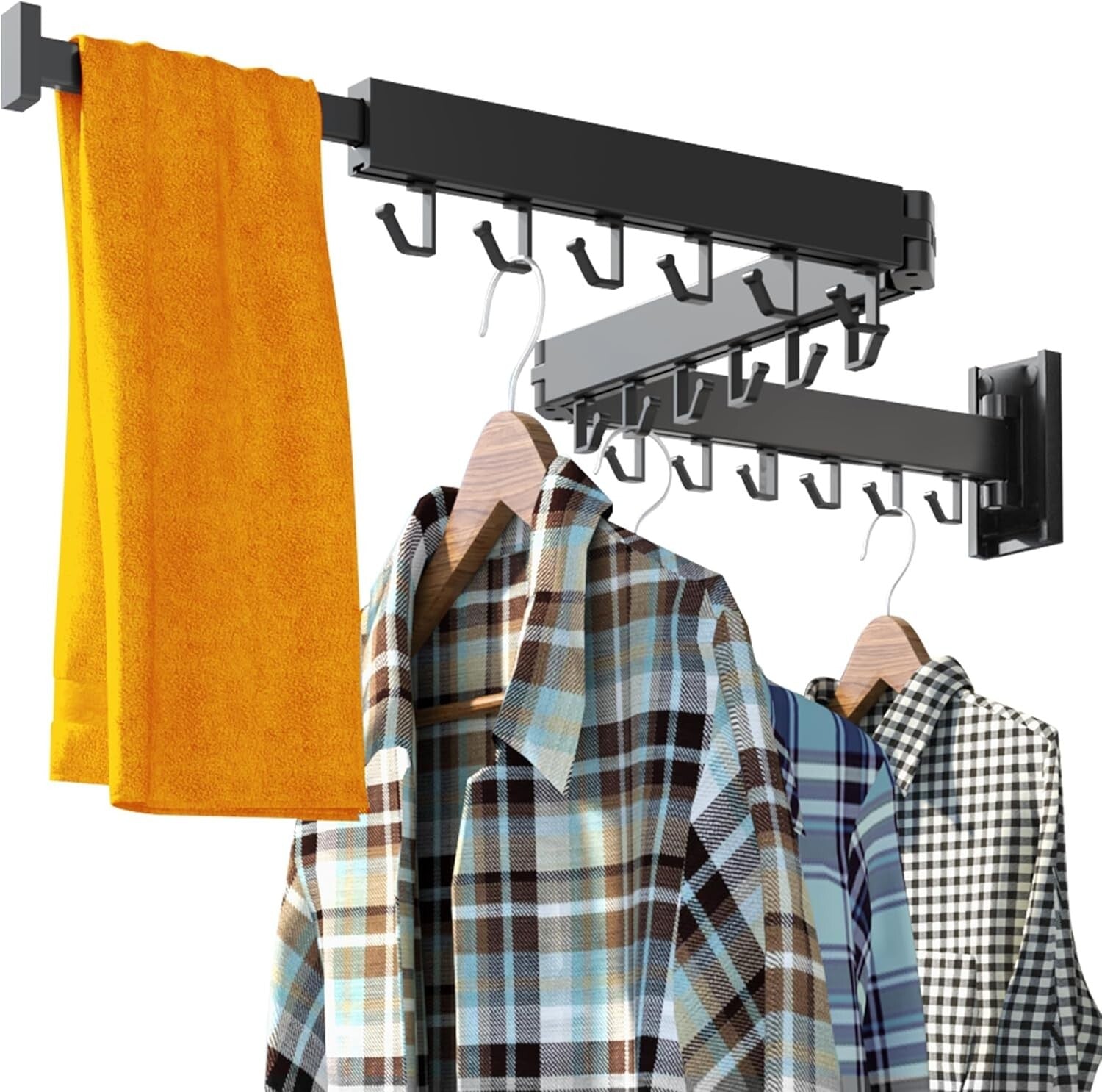 Versatile Wall-Mounted Clothes Hanger Rack with Collapsible Hooks - Black Finish