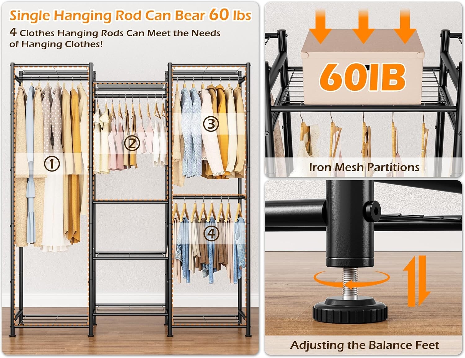 Large Portable Wardrobe with 4 Hanging Spaces & 8 Shelves - Stylish Organization
