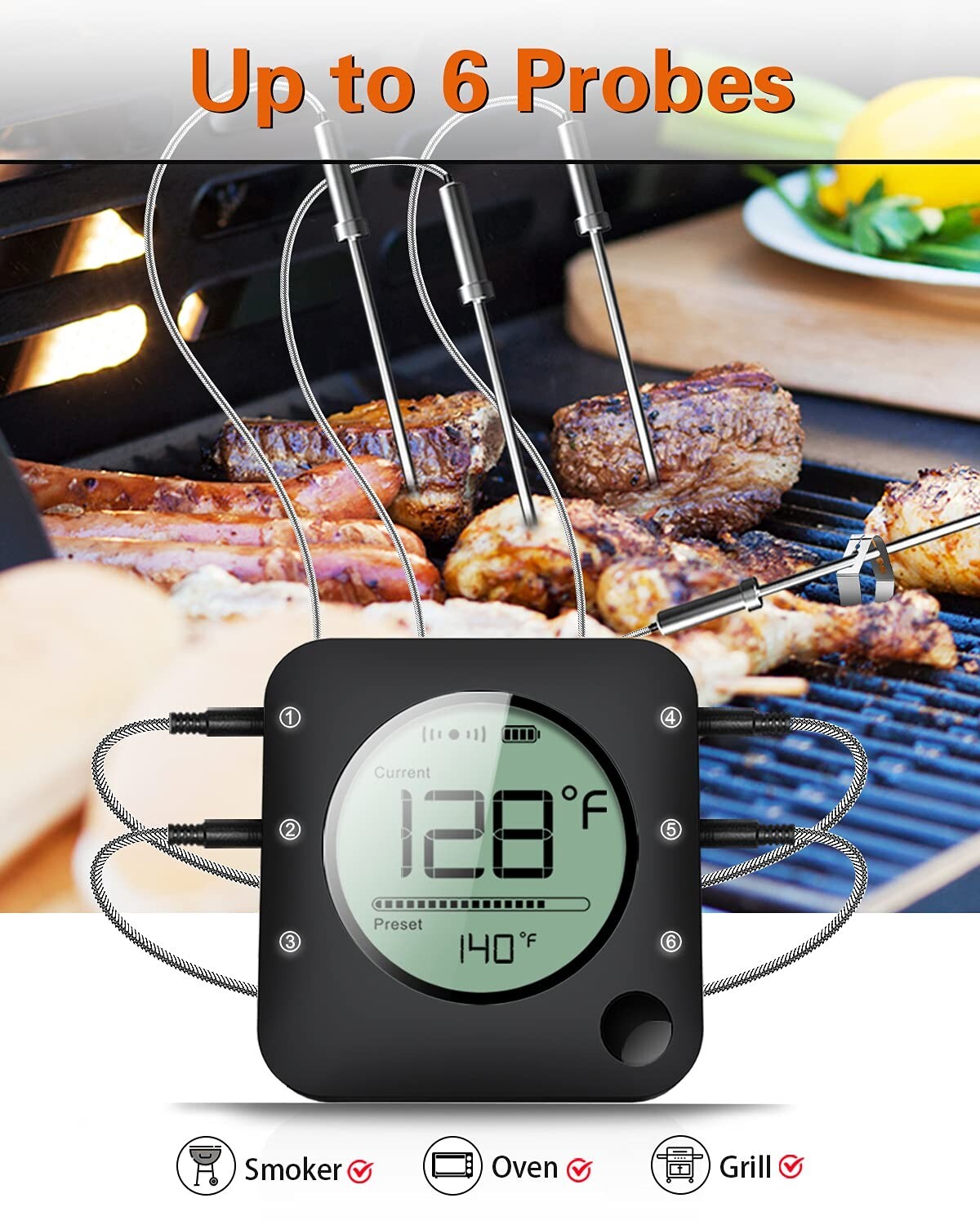 Professional Bluetooth Thermometer for Grilling with 4 Stainless Probes & Alarms