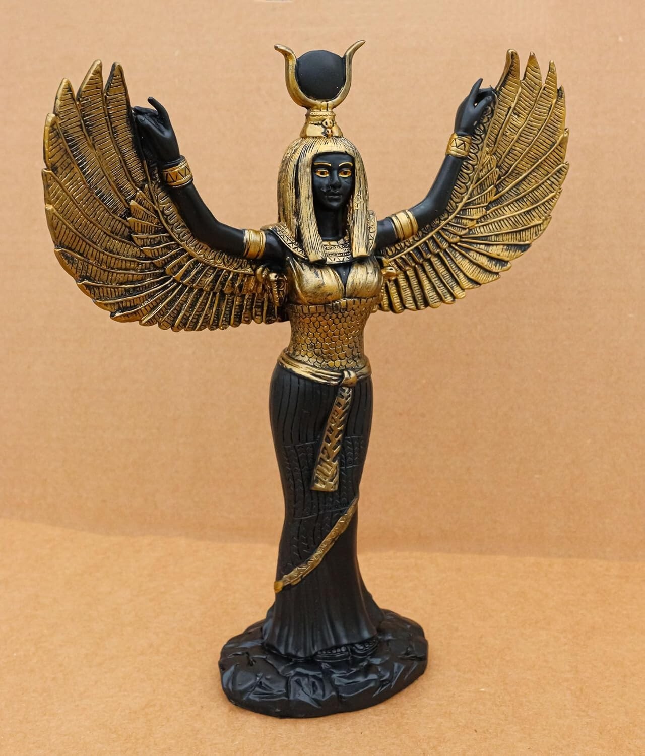 Handcrafted Isis Goddess Statue - 12" Open Wings Decor in Elegant Black & Gold