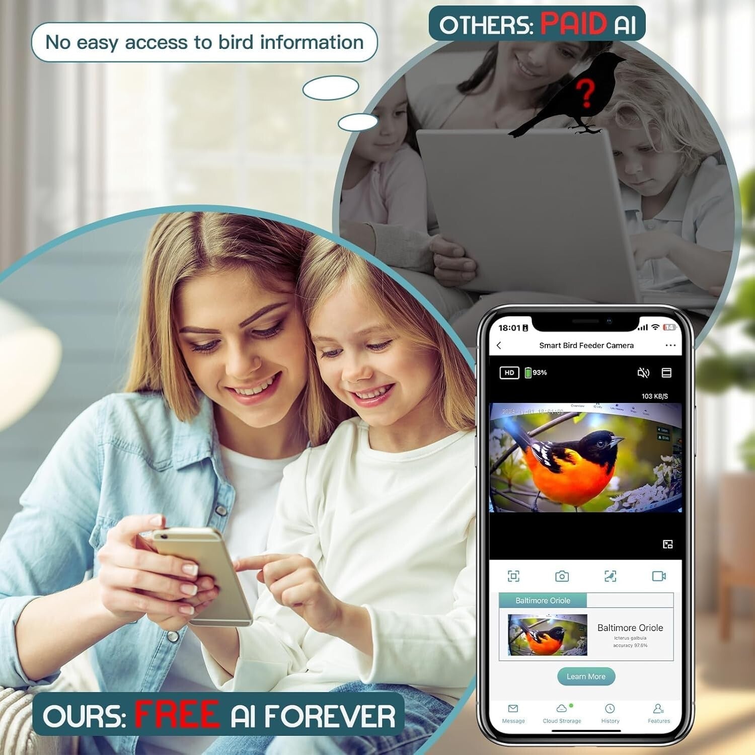 1080P HD Bird Feeder Camera with Solar Power and Real-Time App Notifications