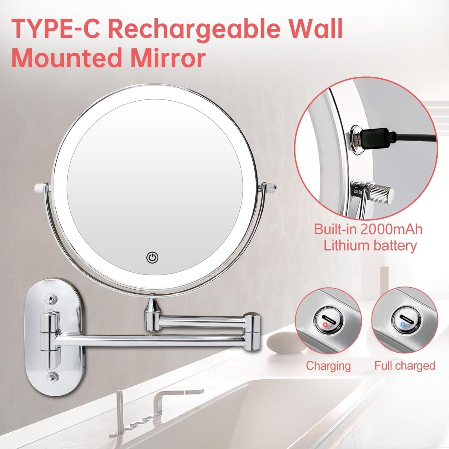 Double-Sided 8-Inch Wall-Mounted Mirror with 10X Magnification - Polished Silver