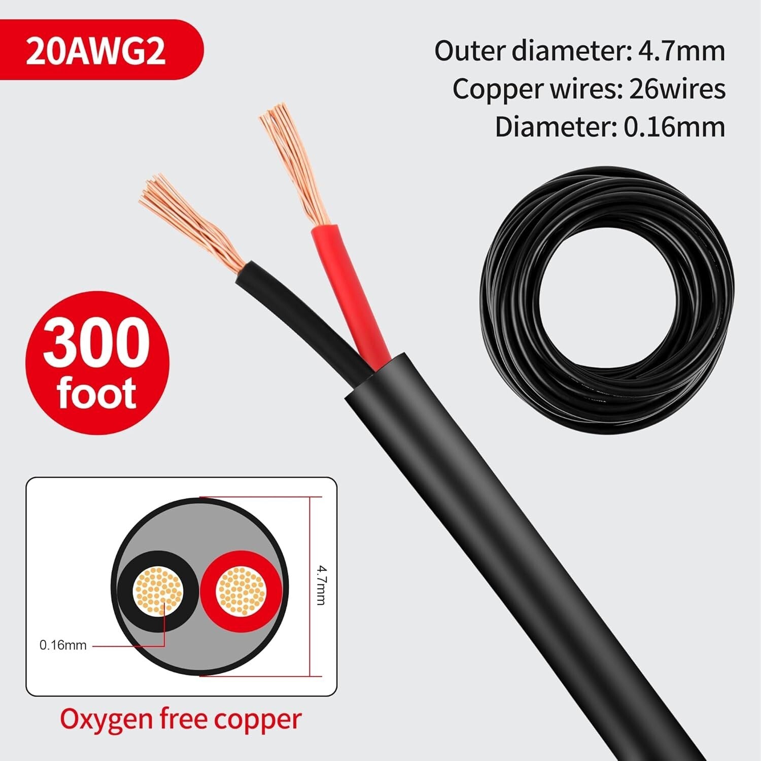 20 AWG Stranded Oxygen-Free Copper Wire - 300FT Low Voltage Electrical Cable