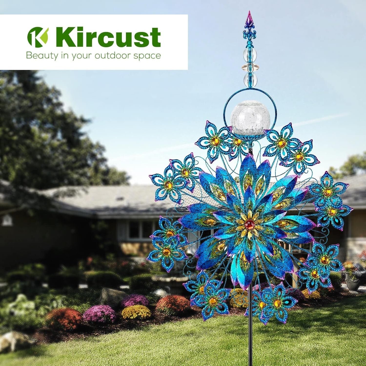 Eco-Friendly Outdoor Solar Wind Spinner with Colorful Glass Ball - 75 Inch