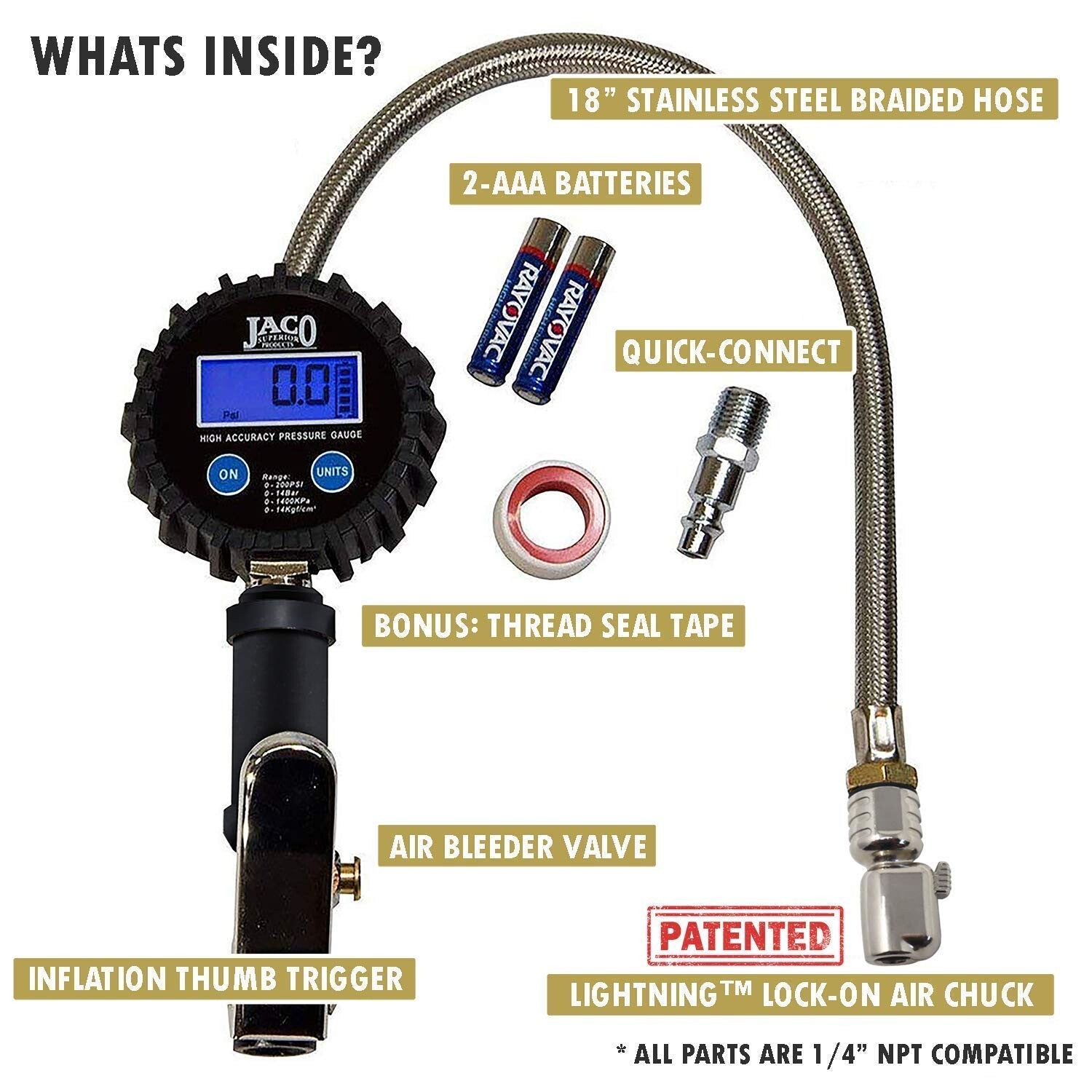Heavy-Duty Tire Inflator with 200 PSI Gauge - ANSI 1A Accuracy for Precision