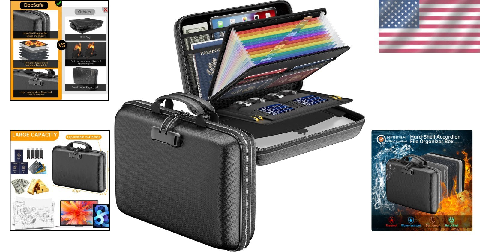 Fireproof & Water-Resistant File Organizer with Lock - 13 Pocket Accordion Style