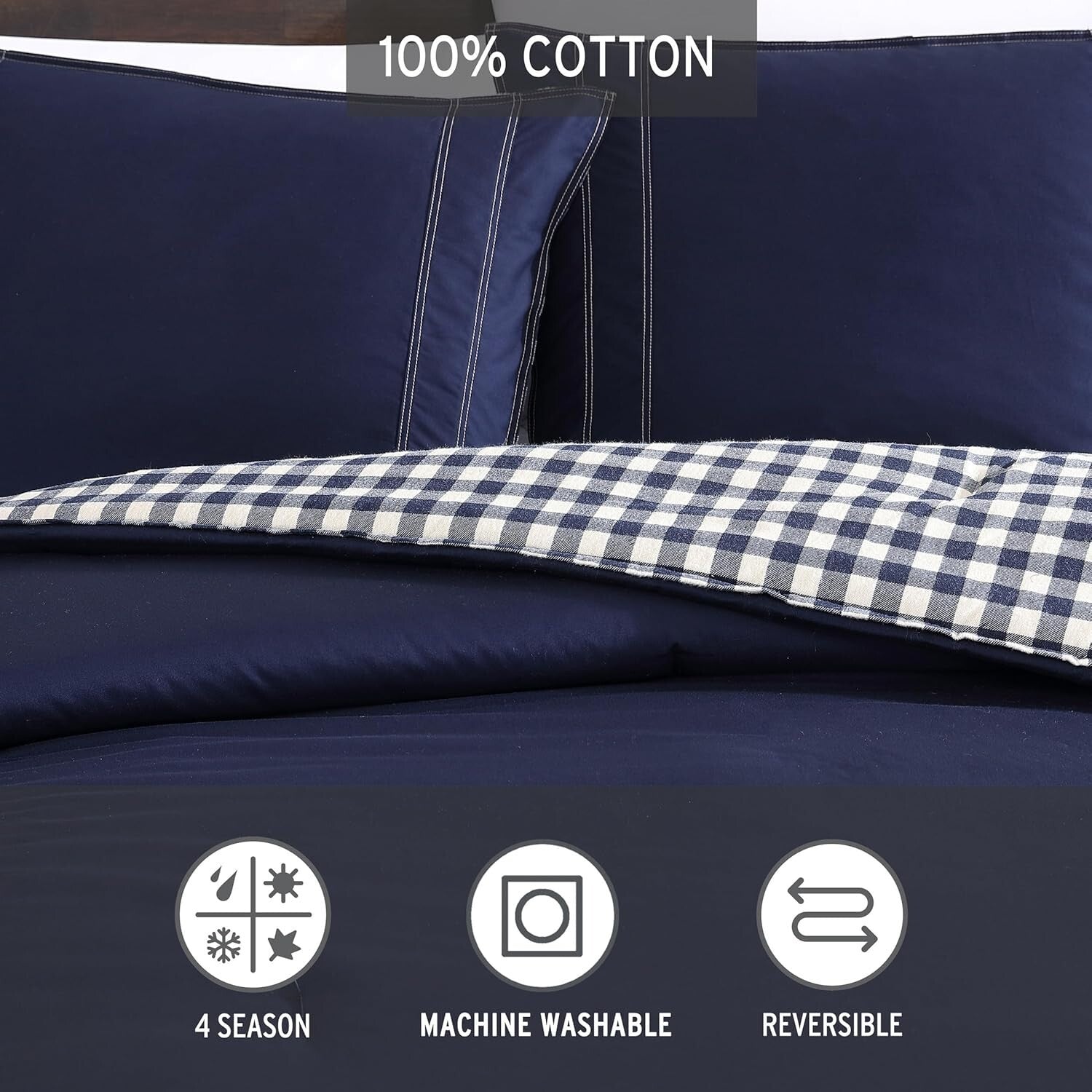 King Comforter Set - Reversible Cotton Bedding with Plaid Shams in Kingston Navy