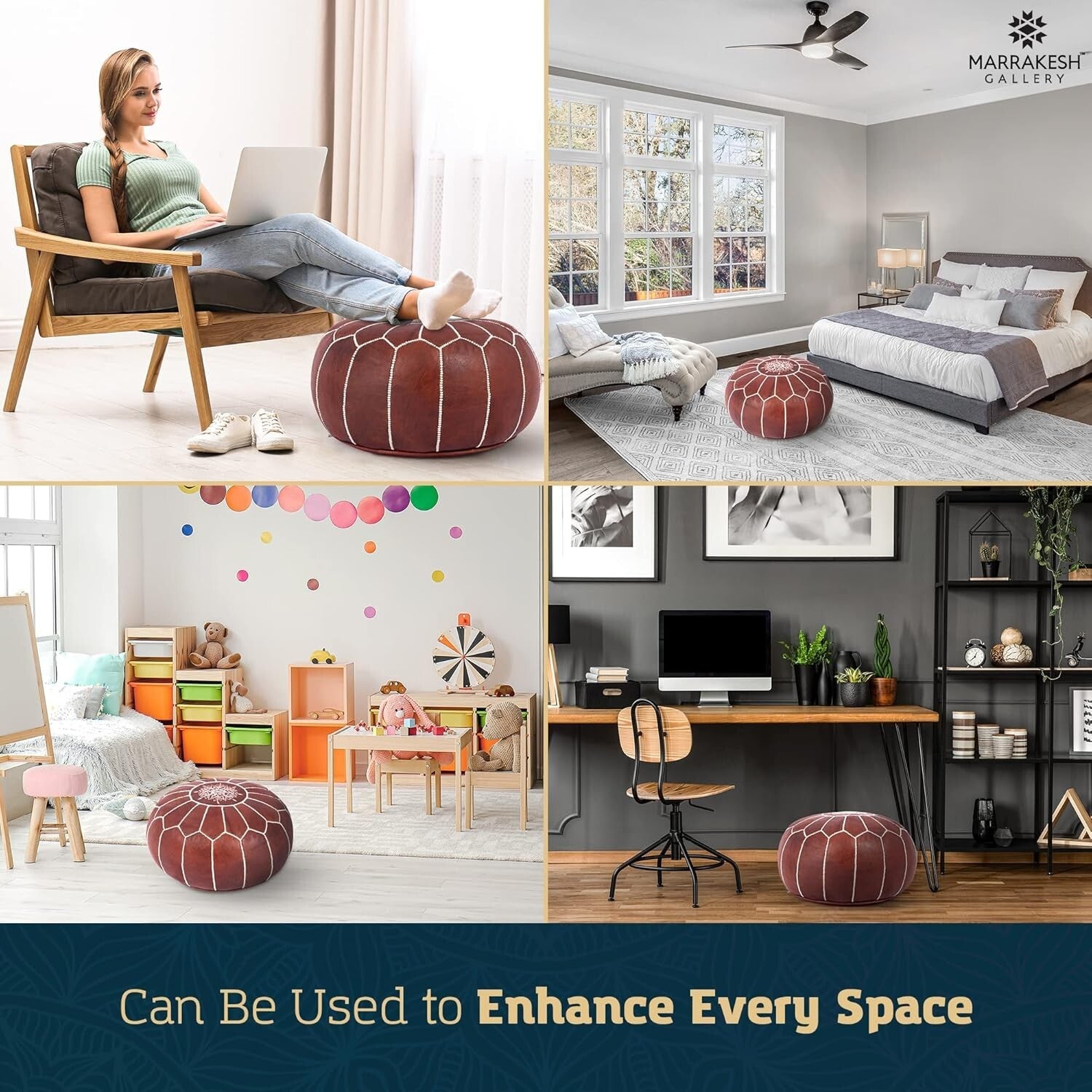 Eco-Friendly Leather Pouf Ottoman Cover - Handmade Bohemian Decor for Every Room