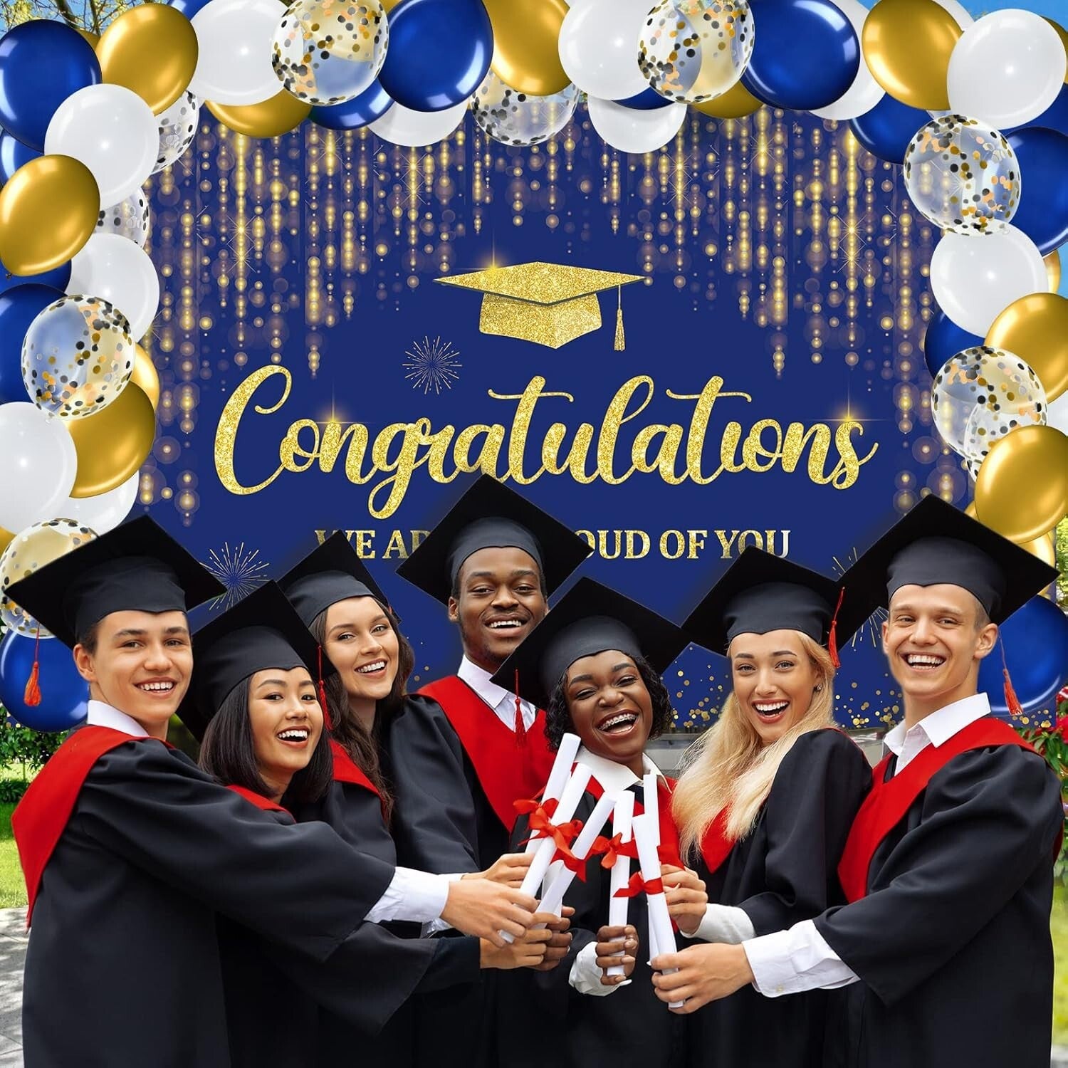 Complete Graduation Decor Bundle - Balloons, Backdrop & Gold Dot Tablecloths