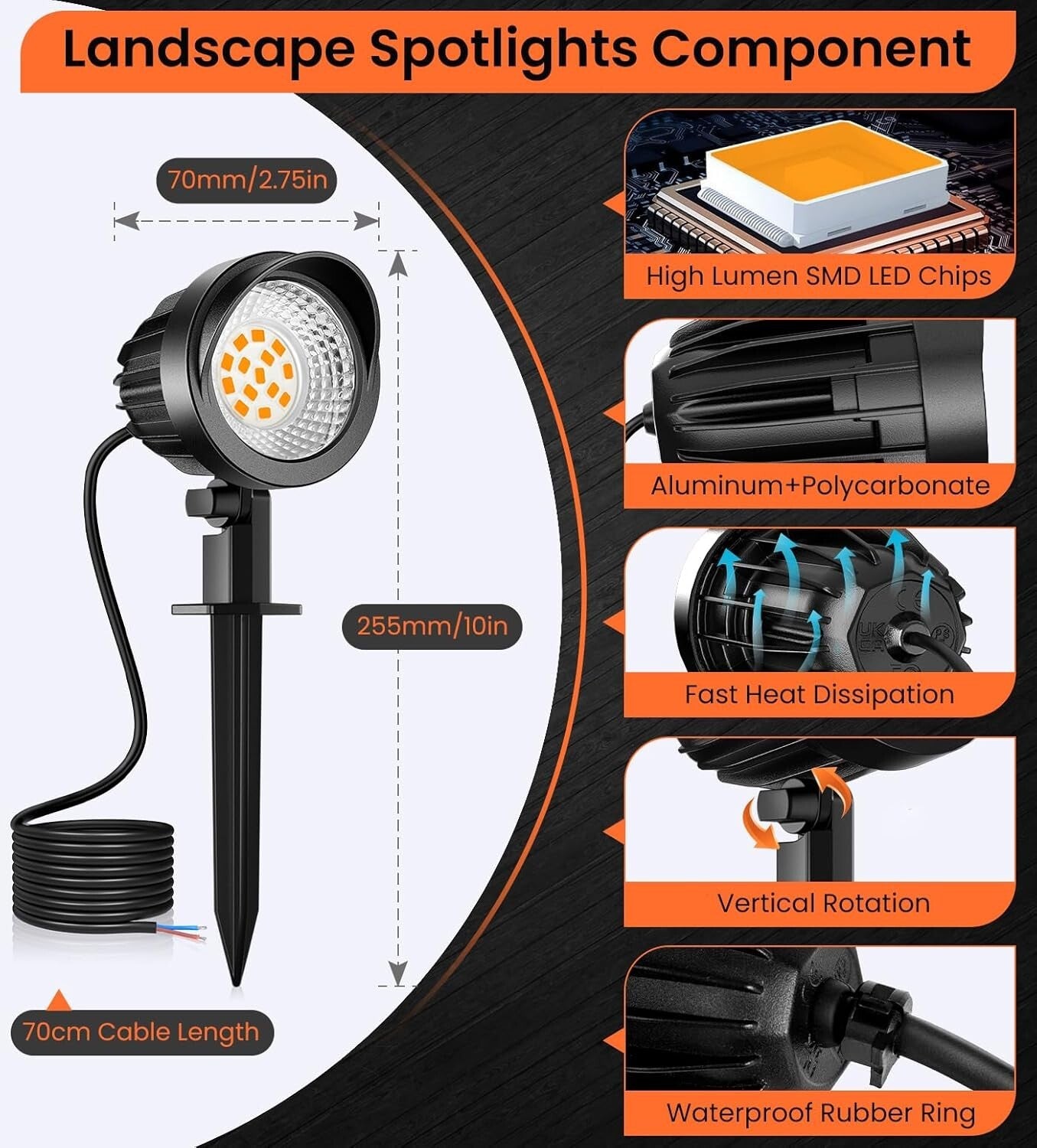 8-Pack Waterproof LED Landscape Lighting 7W 800lm Warm White Outdoor Spotlights