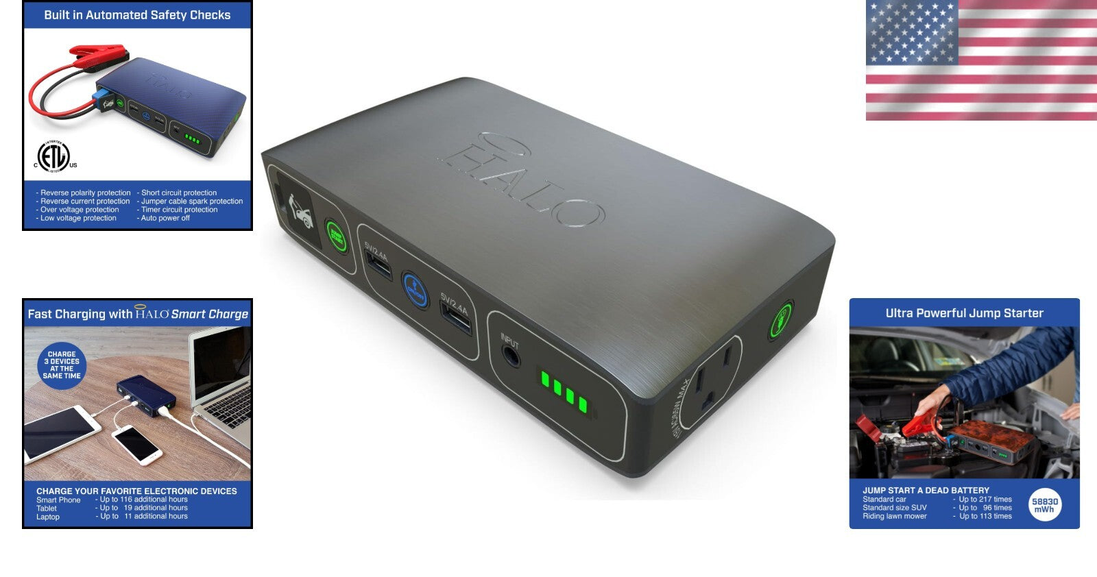 Compact Bolt Car Jump Starter with Emergency Floodlight & USB Charger - Gray