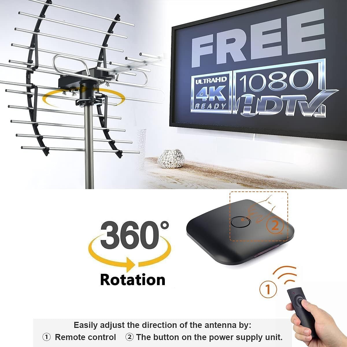 360-Degree Rotating Outdoor HD Antenna - 200 Miles with Mounting Pole Included